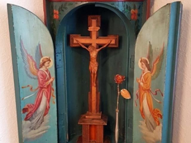 Eck Ex Foto Altar Barock Kruzifix Kreuz Engel Heilige Antik Haus Kapelle Bayern Alpen Votiv-Schrein - 1